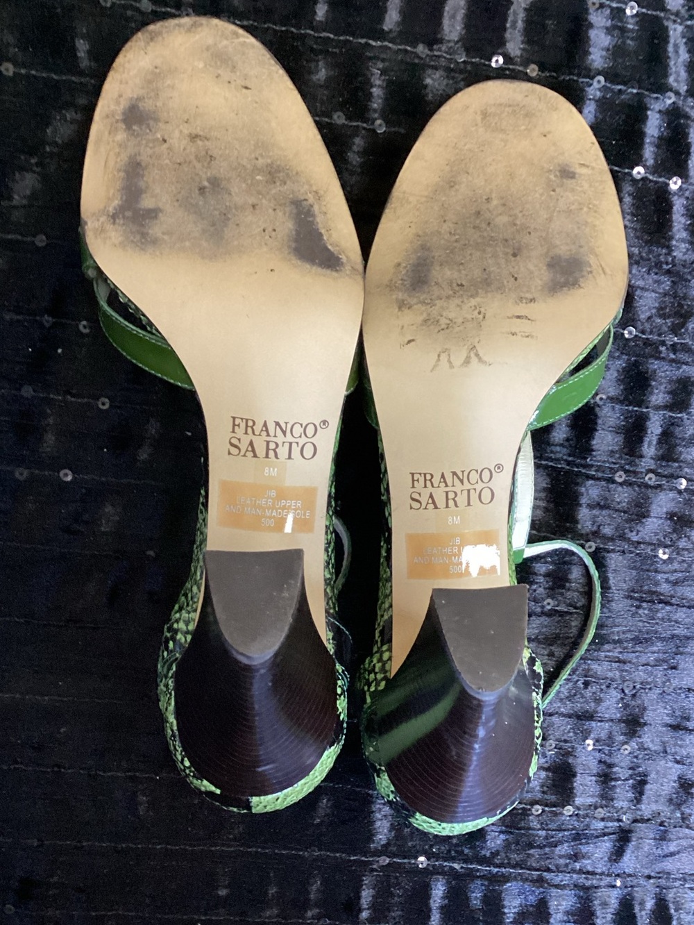 Vintage Franco Sarto Green Snake-Print T-Strap Heels 8M - Picture 13 of 14